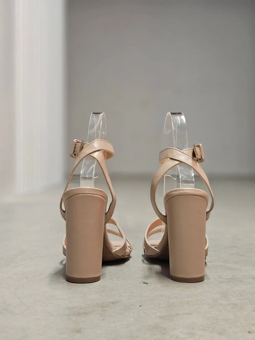 Strappy Nude Block Heel Sandals With Adjustable Ankle Strap - Elegant Design For